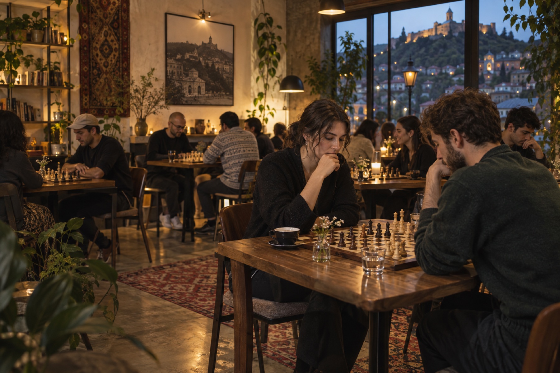 People playing chess together in a Tbilisi cafe